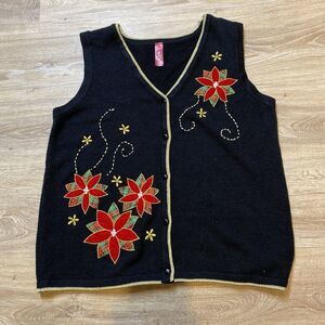 Vtg Sweater Vest Women Med. Black V Neck Red Poinsettia Plaid Festive Christmas
